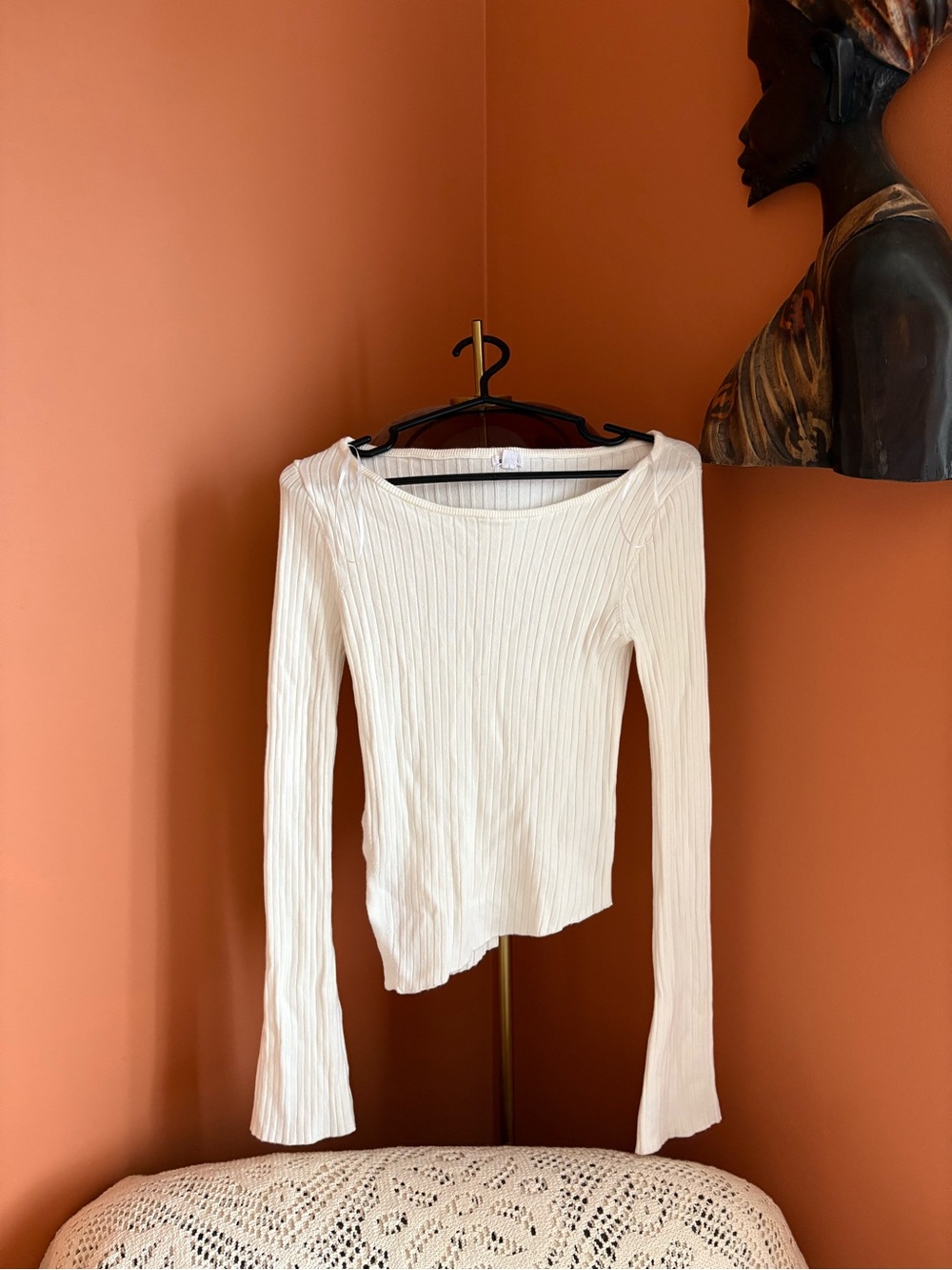Garage White Ribbed Long-Sleeve Scoop Neck Top